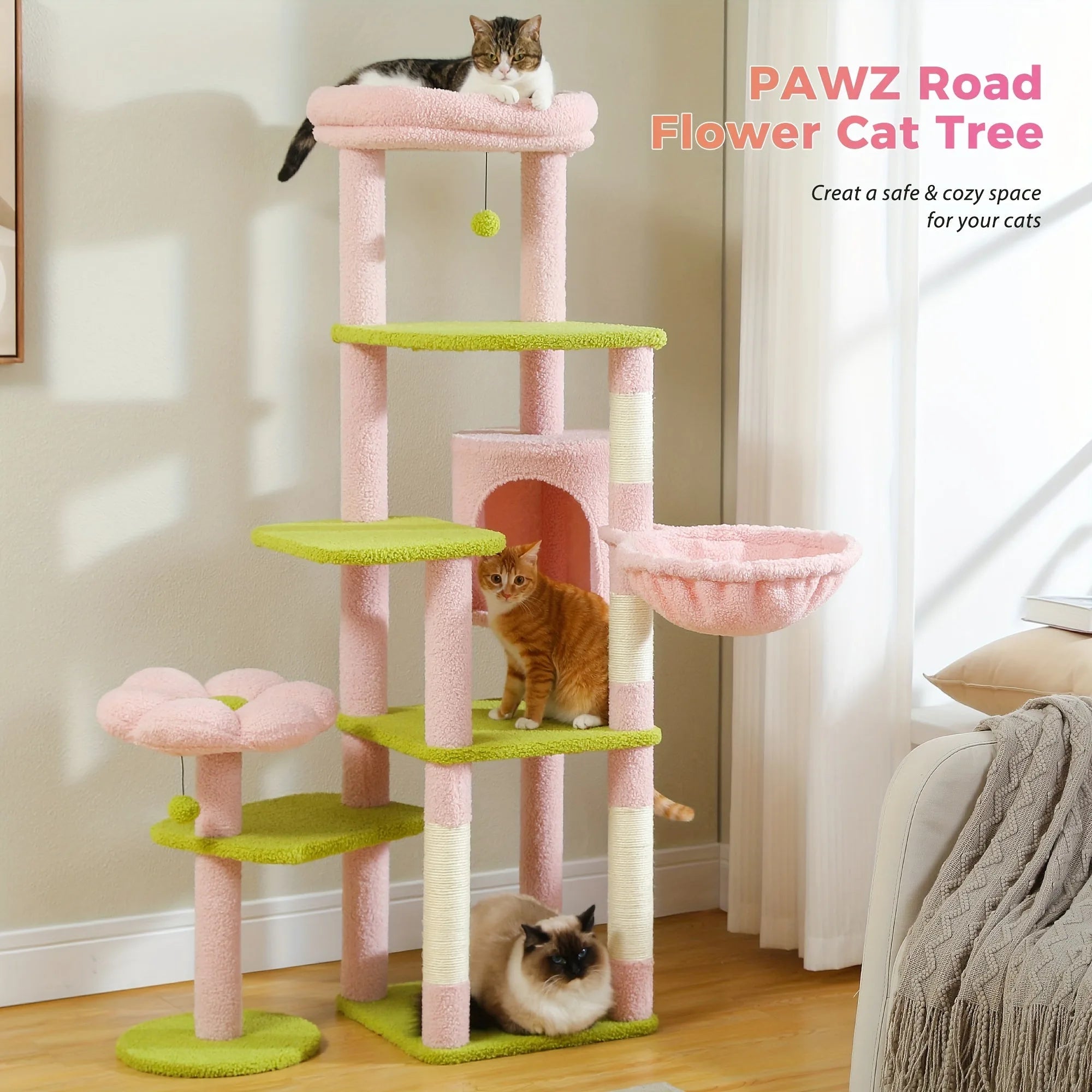 A cactus cat tree with enhanced stability features, including an anti-toppling device and rotatable platform for added safety during play