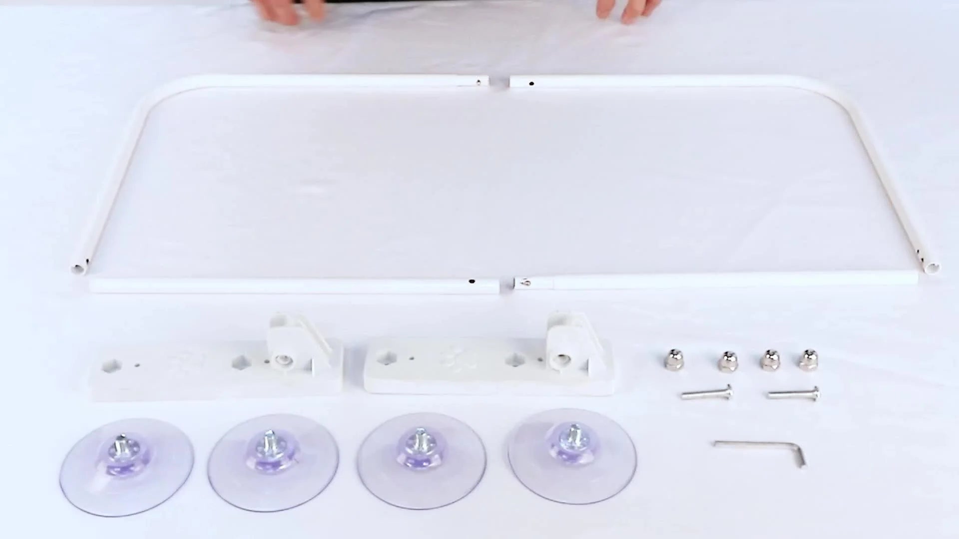 Assembly parts of a cat hammock for the window, including suction cups, frame, screws, and tools for easy installation.