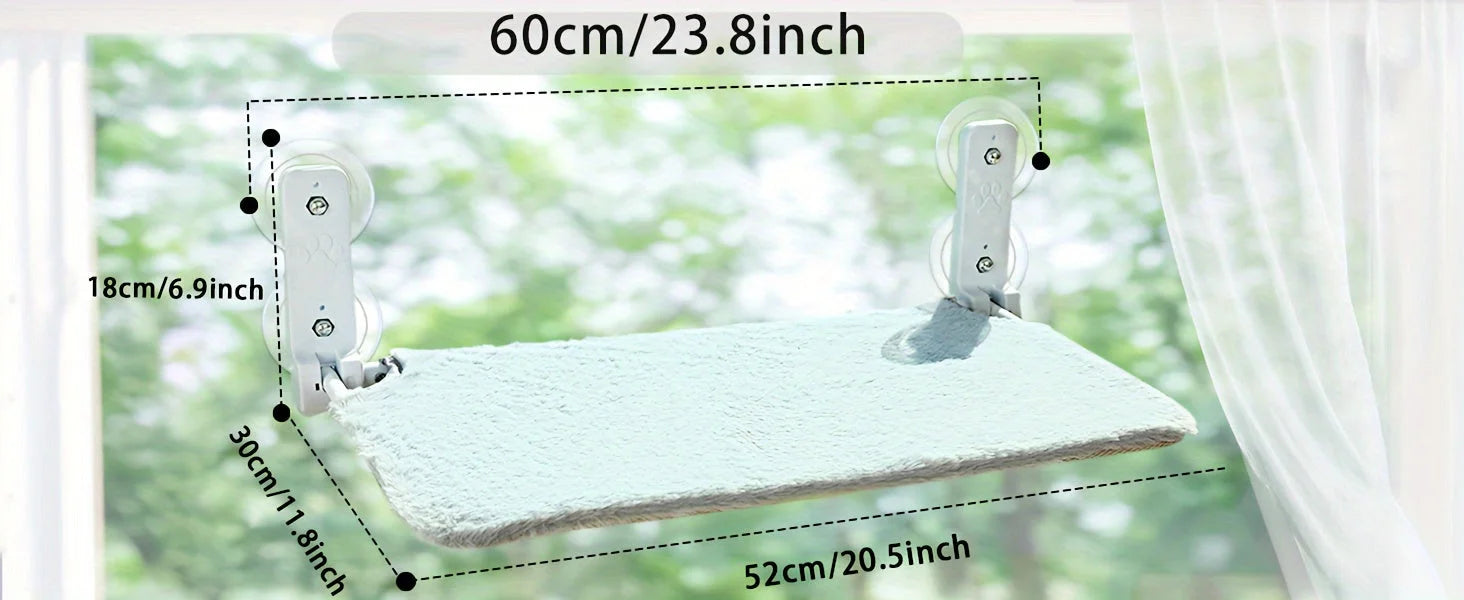 Size details of a cat hammock for the window, showing measurements to fit windows at least 23.8 inches.