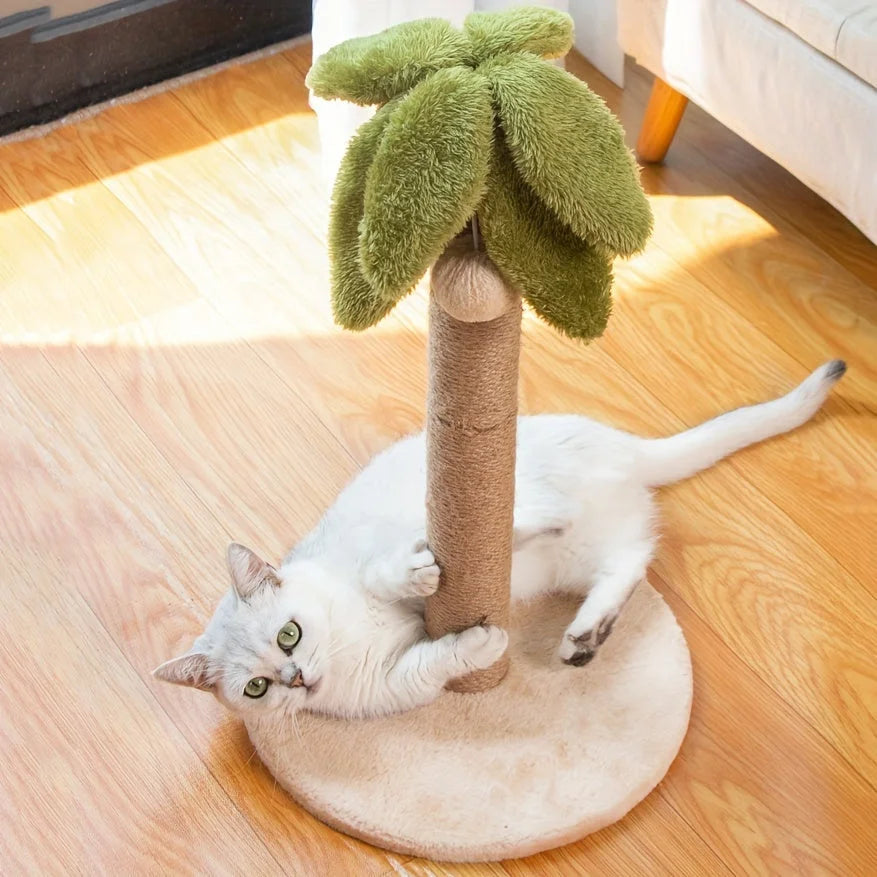 Cat playing with palm tree scratching post, perfect for scratching and fun. A must-have cat scratching post amazon design.