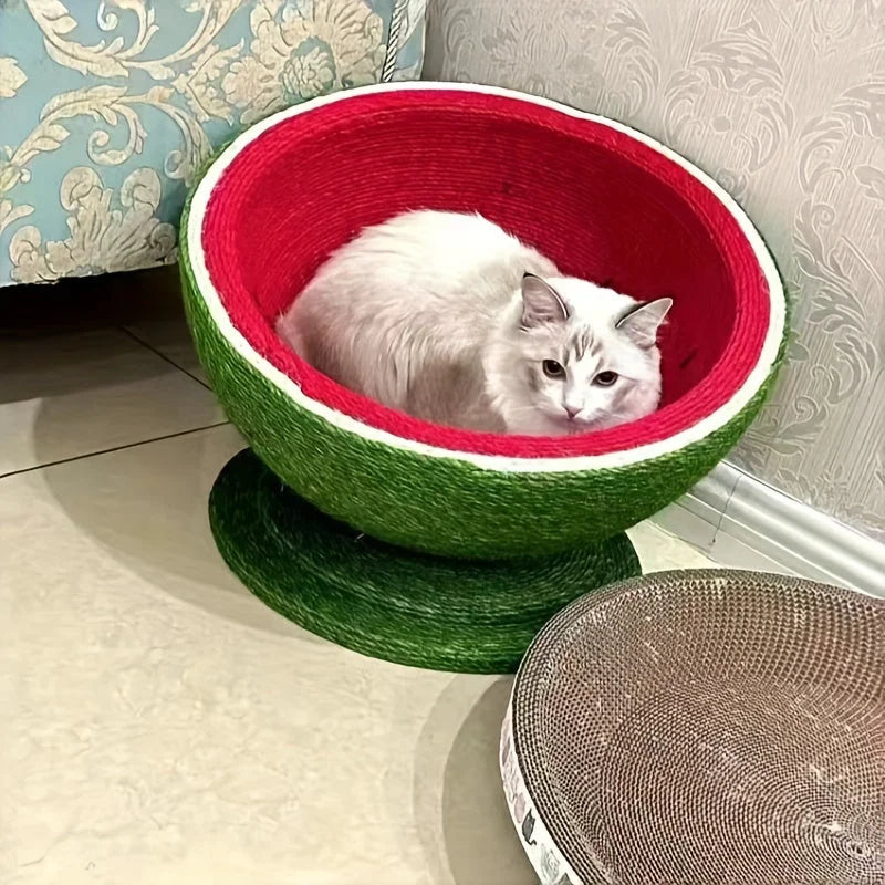 A cat relaxing in a cute cat scratching post designed like a watermelon, offering a comfortable and stylish resting spot for your feline.