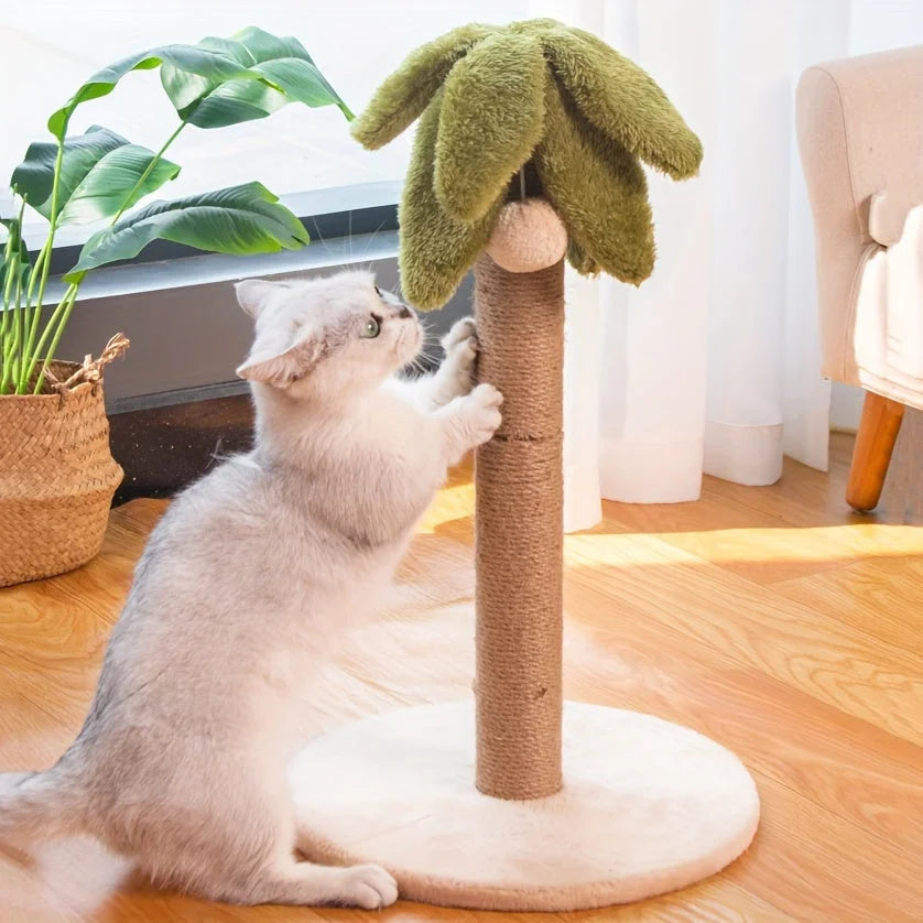 Cat scratching the base of a palm tree post, ideal for climbing and scratching. Great cat scratching post amazon choice.