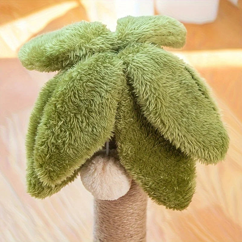 Close-up of palm tree cat scratching post with soft green leaves and hanging ball. Ideal for cat scratching, cat scratching post amazon.