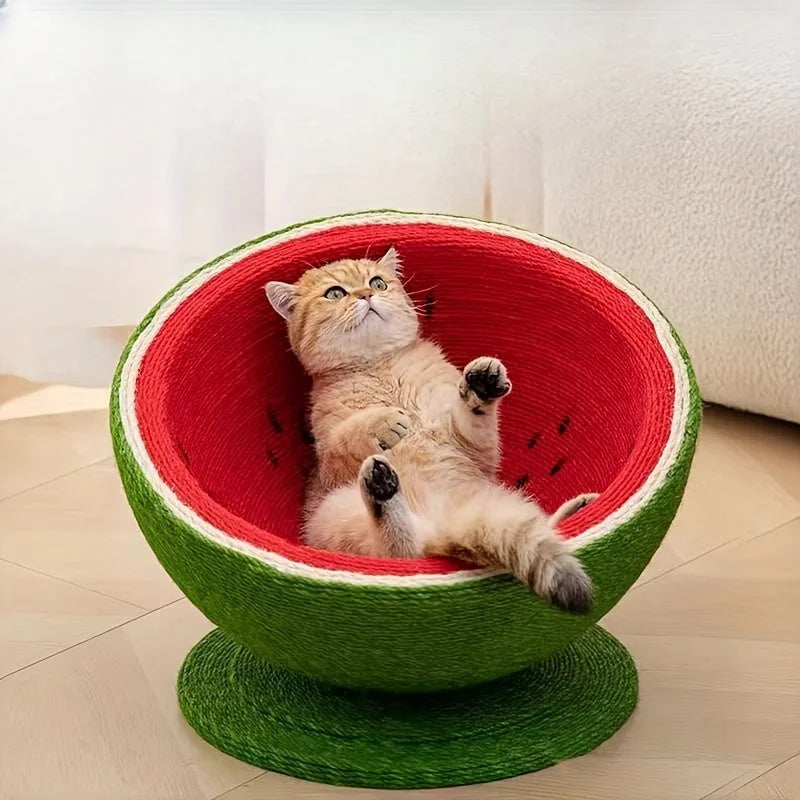 A relaxed cat lounging in a cute cat scratching post with a watermelon design, perfect for scratching, playing, and resting.