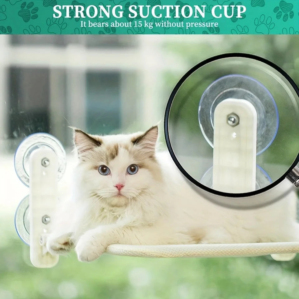 DIY Cat Window Perch secured with strong suction cups that can bear up to 15kg, ensuring stability for your cat.