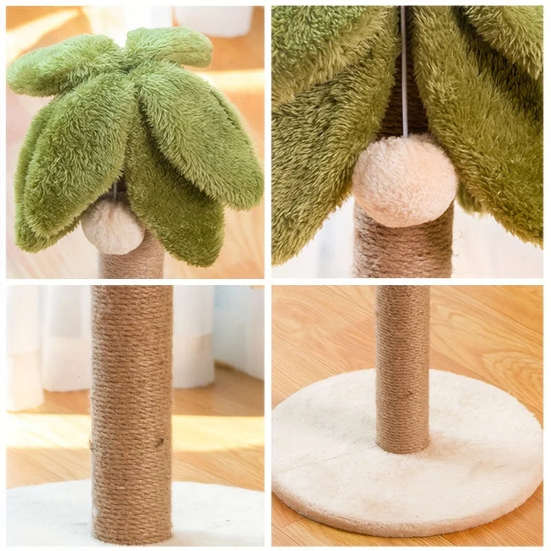 Detailed view of palm tree cat scratching post with plush leaves and jute-wrapped pole. Durable cat scratching post amazon option.