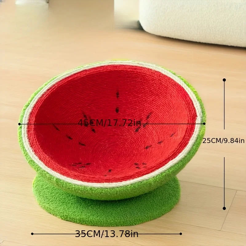 A detailed view of a cute cat scratching post shaped like a watermelon, featuring dimensions and a playful, colorful design for your pet.