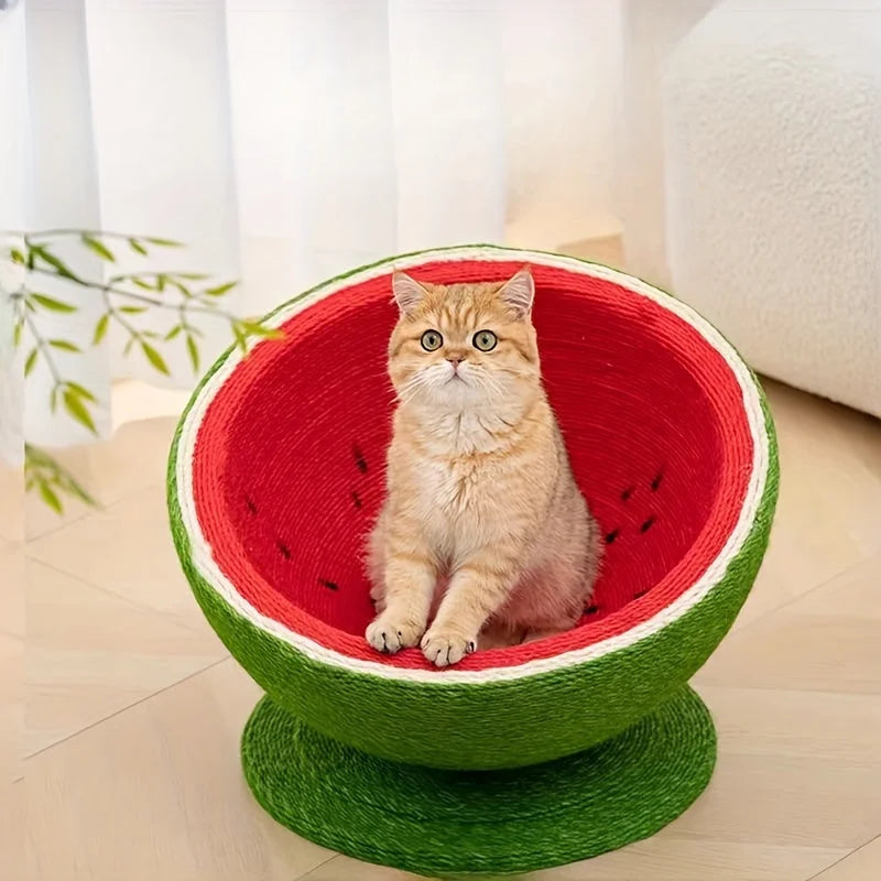 A cute cat scratching post designed like a watermelon, offering a cozy and colorful spot for your feline to relax and scratch.
