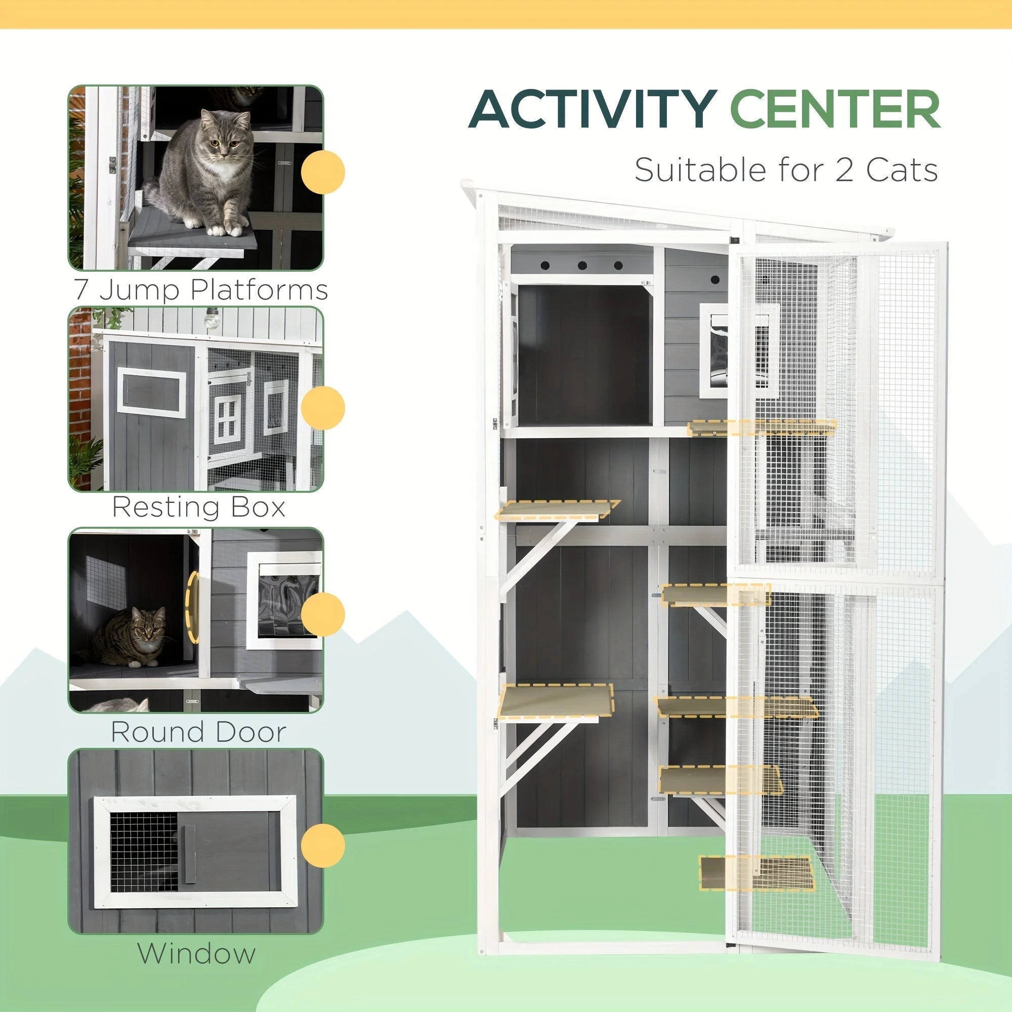 Outdoor cat enclosure activity center with seven jump platforms, a resting box, and a window.