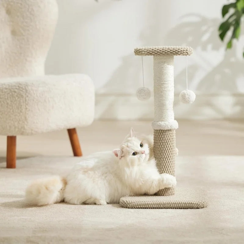 Relaxed cat comfortably playing beside a beige cat scratch post, ideal for scratching and lounging.
