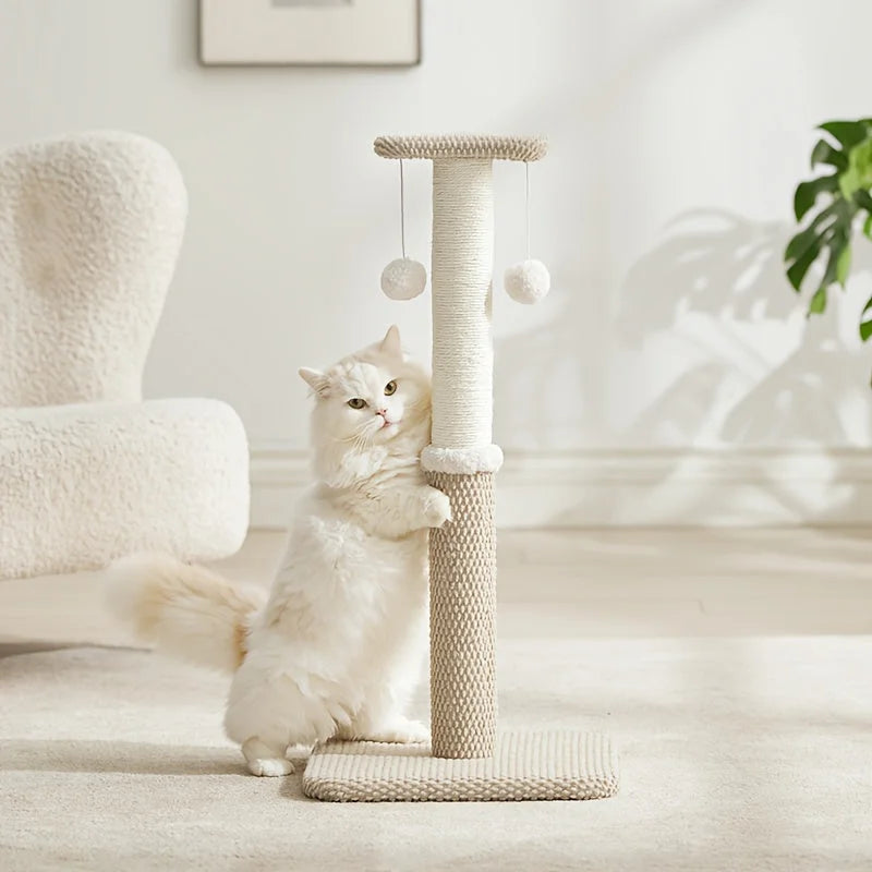 Fluffy cat using a stylish beige cat scratch post designed with dual pompom toys for interactive fun