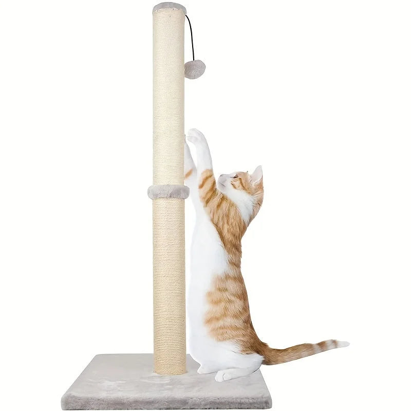 White and orange cat stretching and scratching comfortably on a beige-colored cat scratching post Walmart