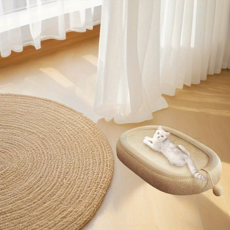 Cat lounging comfortably on the best cat scratch post placed elegantly beside curtains in a cozy bedroom setting.