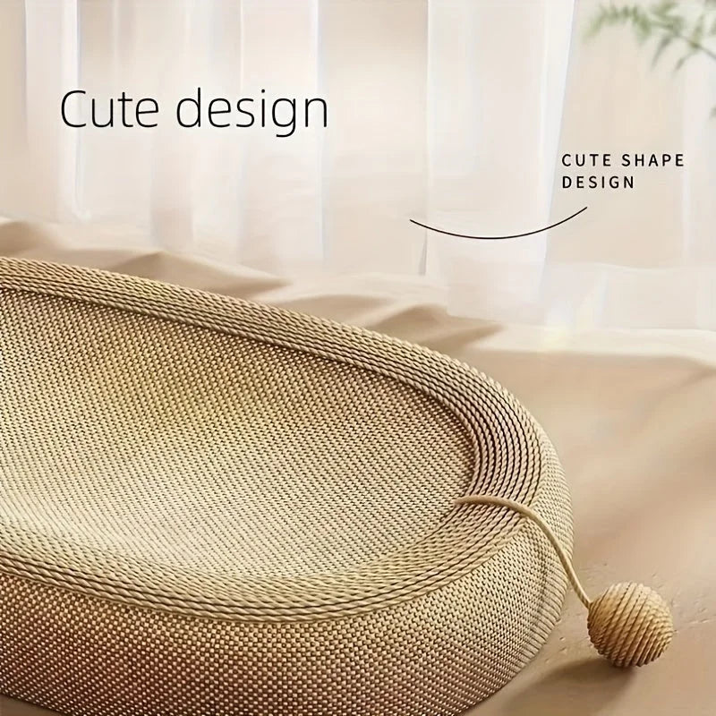 Close-up showcasing the cute design details of the best cat scratch post featuring soft edges and an attractive ball.