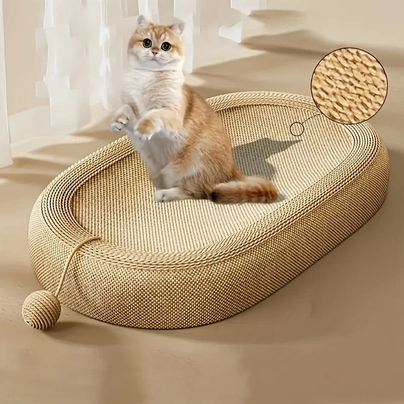 Adorable cat sitting upright and playing on the best cat scratch post designed with durable sisal material.