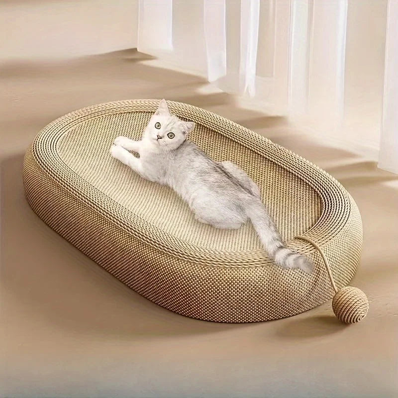 Cat relaxing comfortably on the best cat scratch post with a playful ball attachment