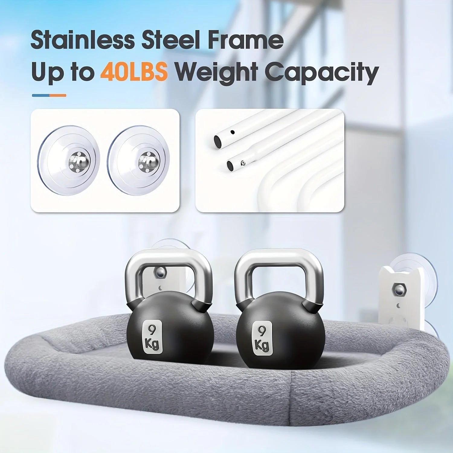 The Best Cat Window Perch with a durable stainless steel frame supporting up to 40lbs, designed for cat comfort and safety.