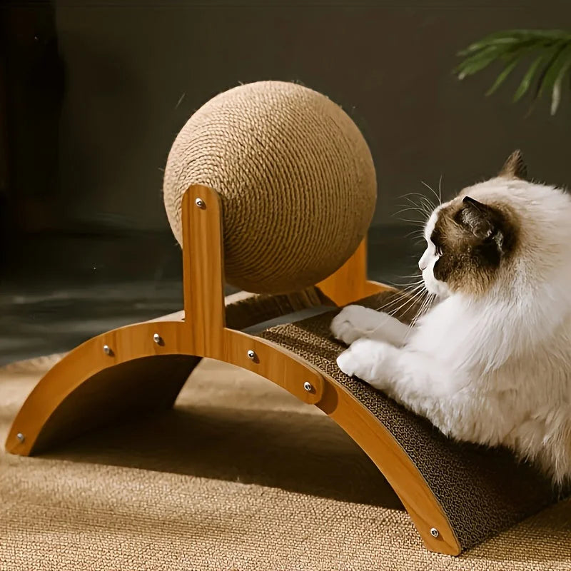 A fluffy cat happily using a big cat scratching post with an arched scratcher and a large sisal-covered ball.