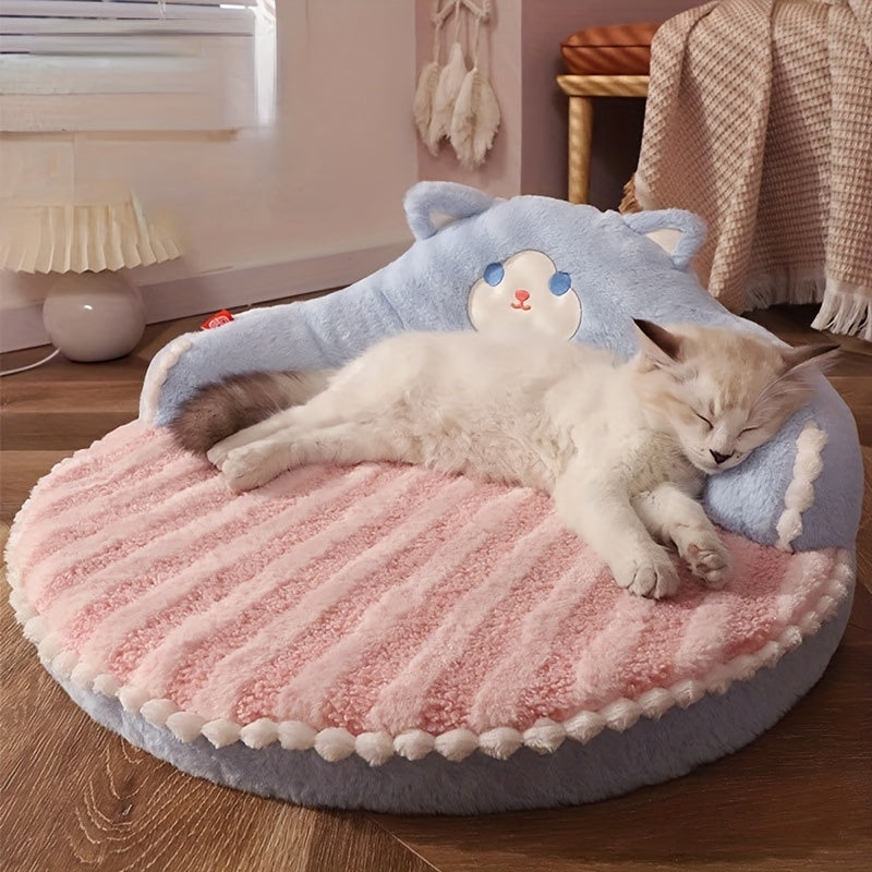 A stylish blue and pink cat bed featuring a teddy bear design, offering both comfort and durability for outdoor cat bed use.