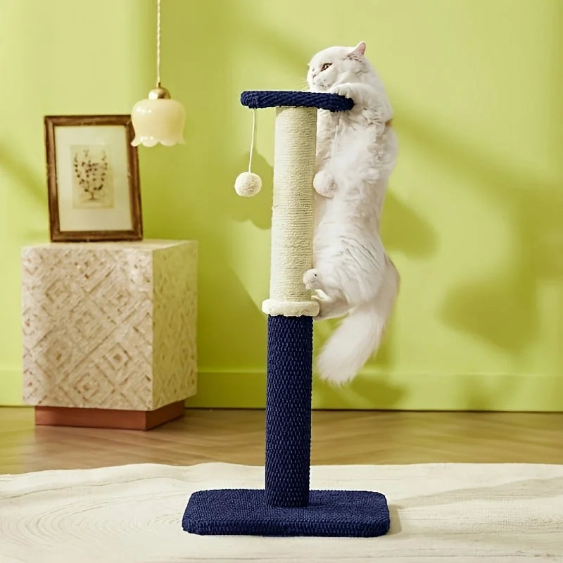 Cat climbing a durable blue cat scratch post, showcasing its strength and playful appeal.