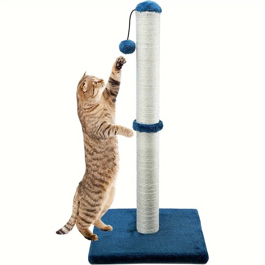 Cat enjoying playtime with a vibrant blue cat scratching post Walmart, which includes a dangling toy.
