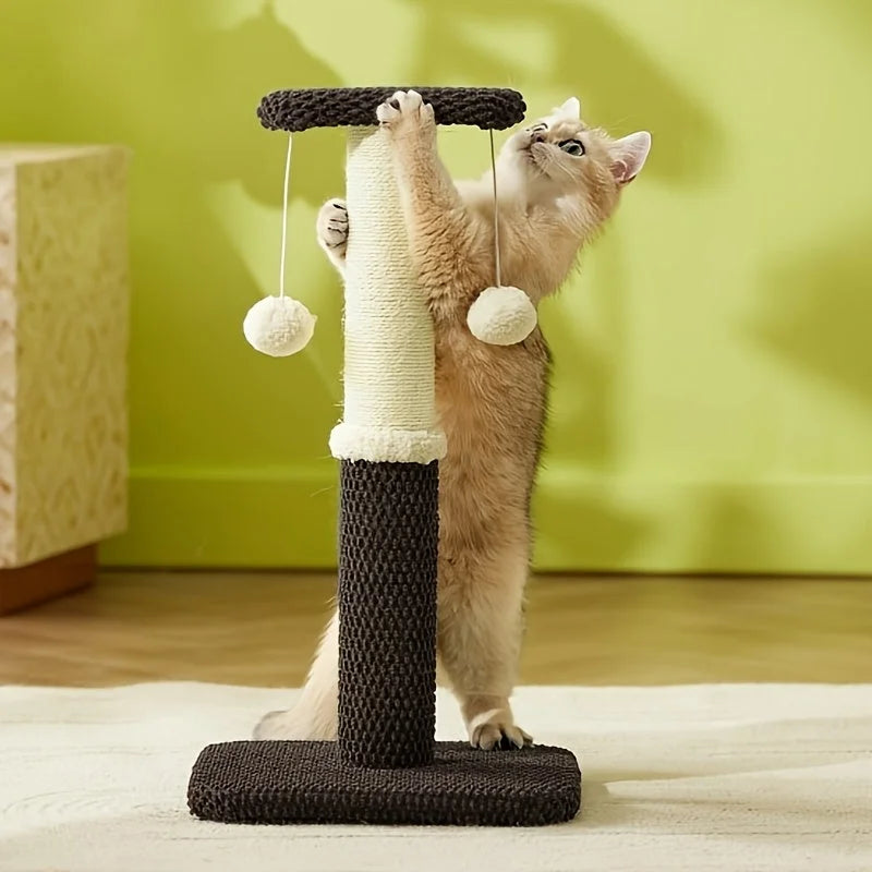 Curious cat stretching on a compact brown cat scratch post, ideal for engaging playful behavior.