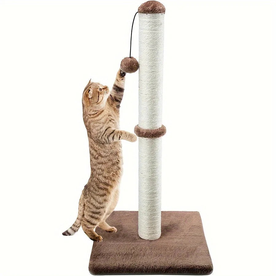A playful cat interacting with a brown-colored cat scratching post Walmart, featuring a hanging toy.