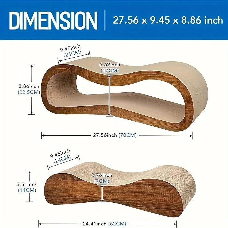 Clear dimensions guide for the ergonomic, curved cardboard cat scratchers, indicating length, width, and height in inches and centimeters.