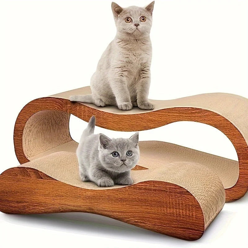 Two kittens playing on a stylish double-level cardboard cat scratcher with wood-like finish.