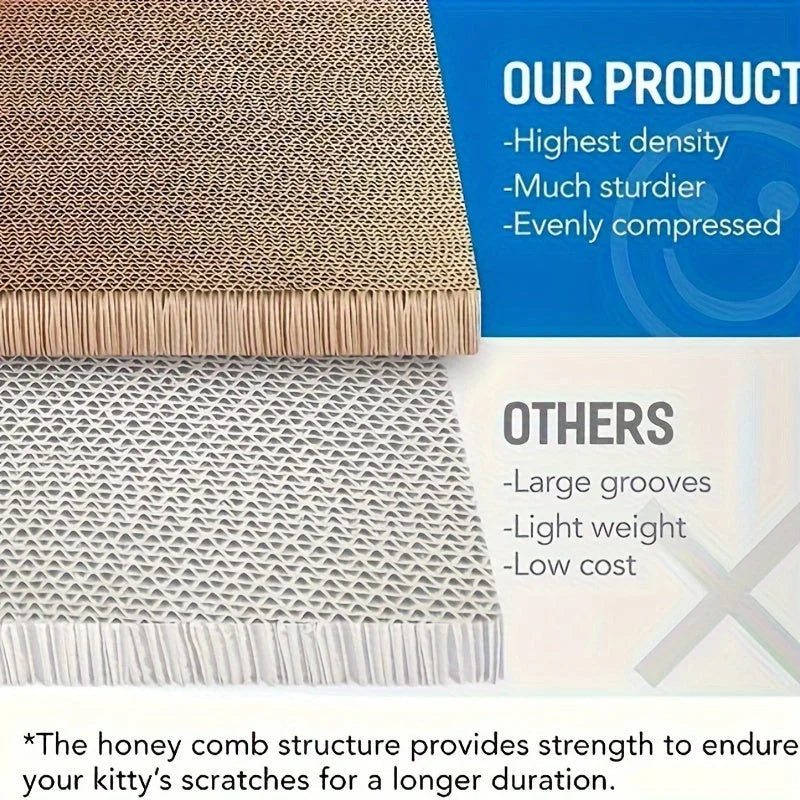 Comparison showing the high-density honeycomb structure of premium cardboard cat scratchers versus lower-quality options.