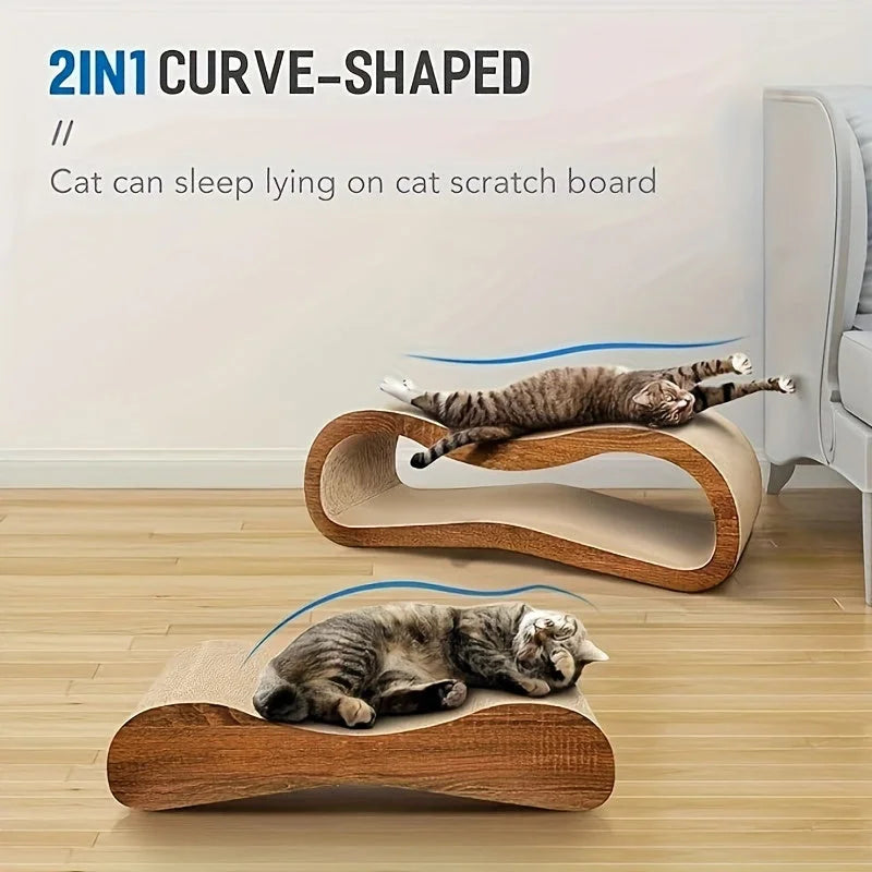 Illustration of cats sleeping comfortably on 2-in-1 curve-shaped cardboard cat scratchers, highlighting ergonomic design.