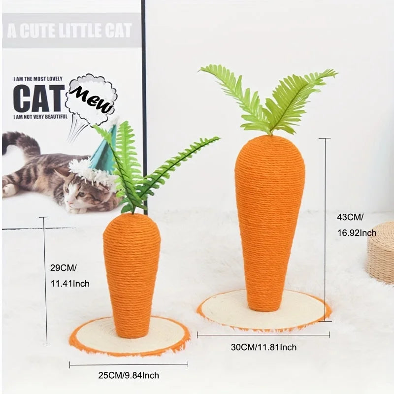 Two sizes of carrot-shaped scratching posts for cats, clearly displaying height and base dimensions suitable for different cat breeds