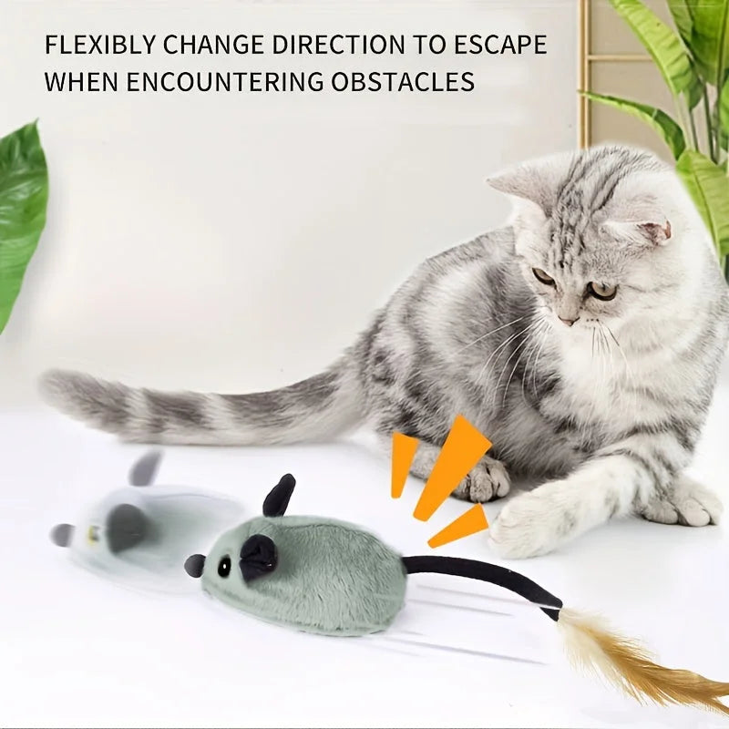Cat playing with a smart sensor mouse toy that changes direction when hitting obstacles – perfect for interactive feline fun.
