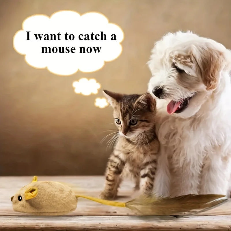 Kitten and puppy excitedly eyeing a realistic moving cat mouse toy – ideal for multi-pet playtime.