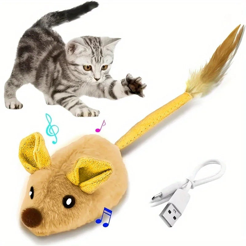 Playful kitten chasing a yellow mouse cat toy with feather tail and sound effects – fun and entertaining.