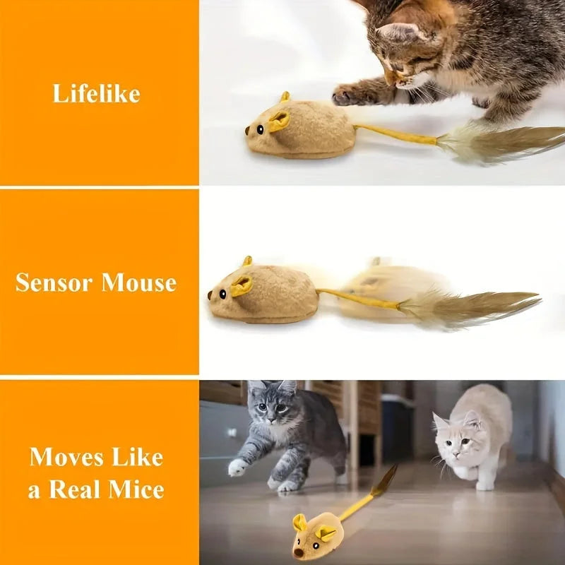Lifelike sensor cat toy mouse in action with kittens chasing – moves like a real mouse to excite your pet.
