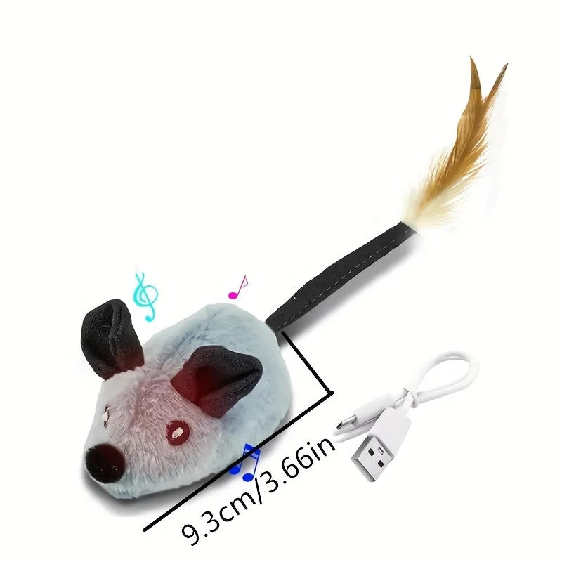 Musical cat toy mouse with USB charging – realistic movement and feather tail for endless feline fun.
