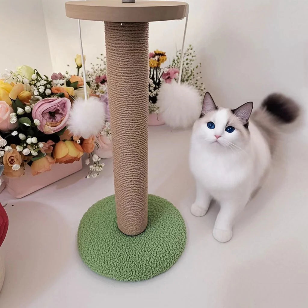 An adorable cat standing next to a cat condo scratching post, featuring fluffy toys and flowers as decoration.