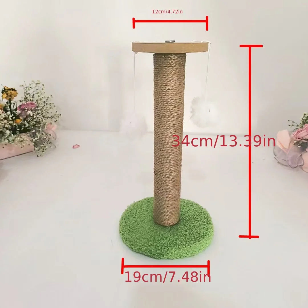 Dimensions clearly marked on an assembled cat condo scratching post, showing height, base, and top measurements.