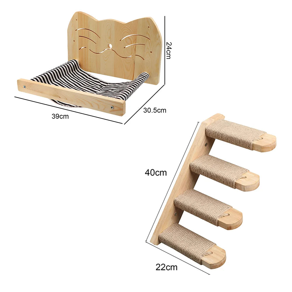 Cat face hammock shelf with wall-mounted sisal-covered stairs for climbing and resting.