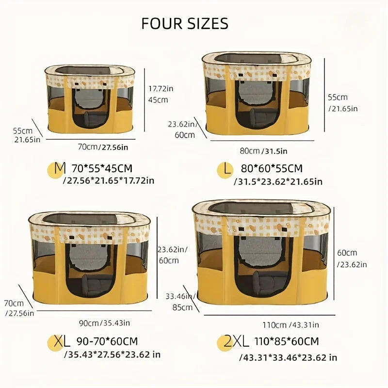 Four sizes of pet playpens in yellow and black with a polka dot pattern on top.