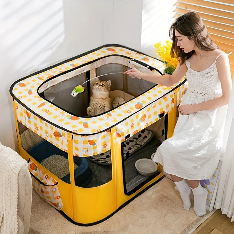 A woman in a white dress sits beside a yellow pet playpen, interacting with a cat inside. The playpen has a window at the top, decorative patterns, and contains toys.