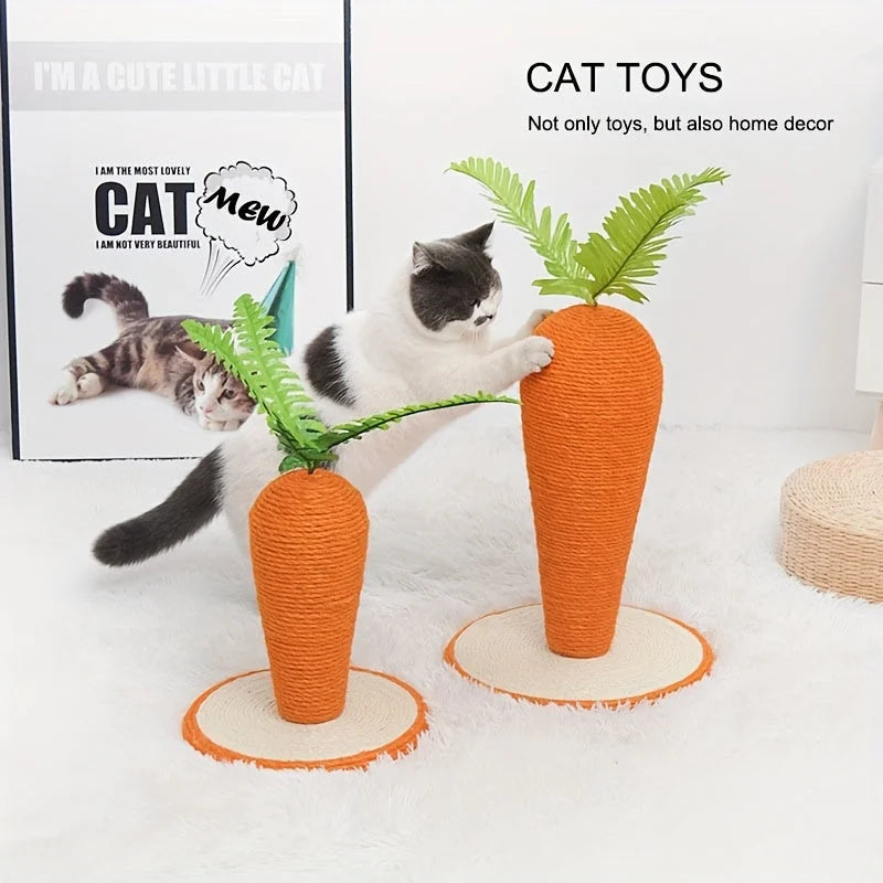 A playful cat scratching on one of two carrot-shaped scratching posts for cats, which double as charming home decor