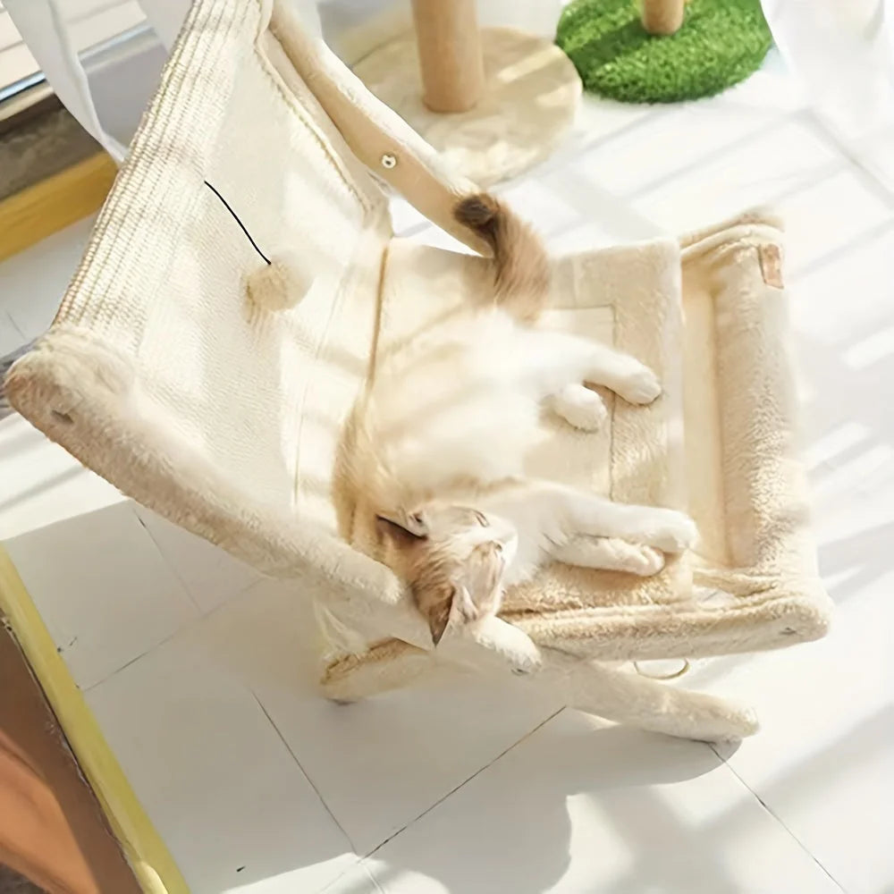 A cat comfortably relaxing on the soft bed portion of the cat scratching post with bed.