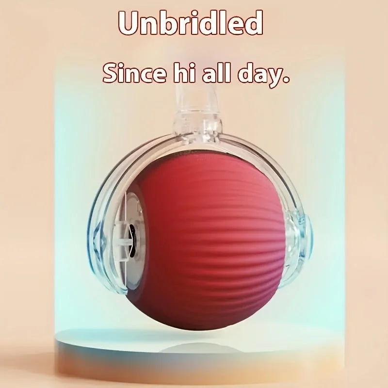 Red cat rolling ball toy glowing with unbridled energy, perfect for all-day play.