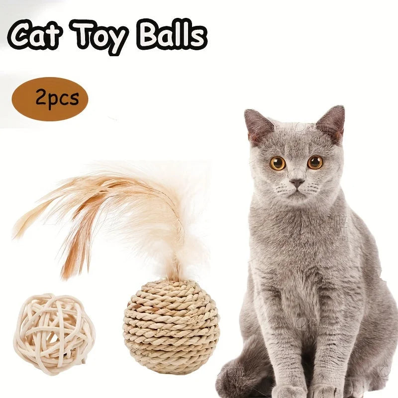 Two cat scratch ball toys, one with a feather on top and another rubber ball beside it.