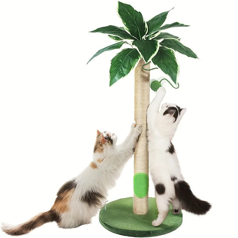Two cats happily playing and scratching on a palm-tree-themed cat scratchers and towers product, demonstrating its interactive features.