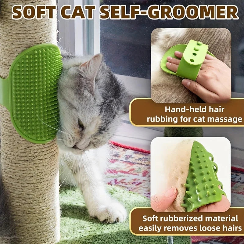 Close-up of a cat using a self-groomer attachment, part of cat scratchers and towers, showing gentle grooming and hair removal features.
