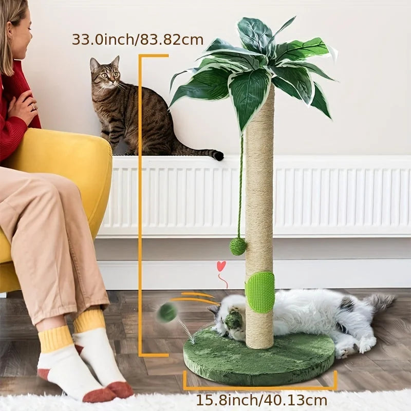 Cat scratchers and towers dimensions, highlighting a tall palm-tree themed scratching post with a playful cat interacting.