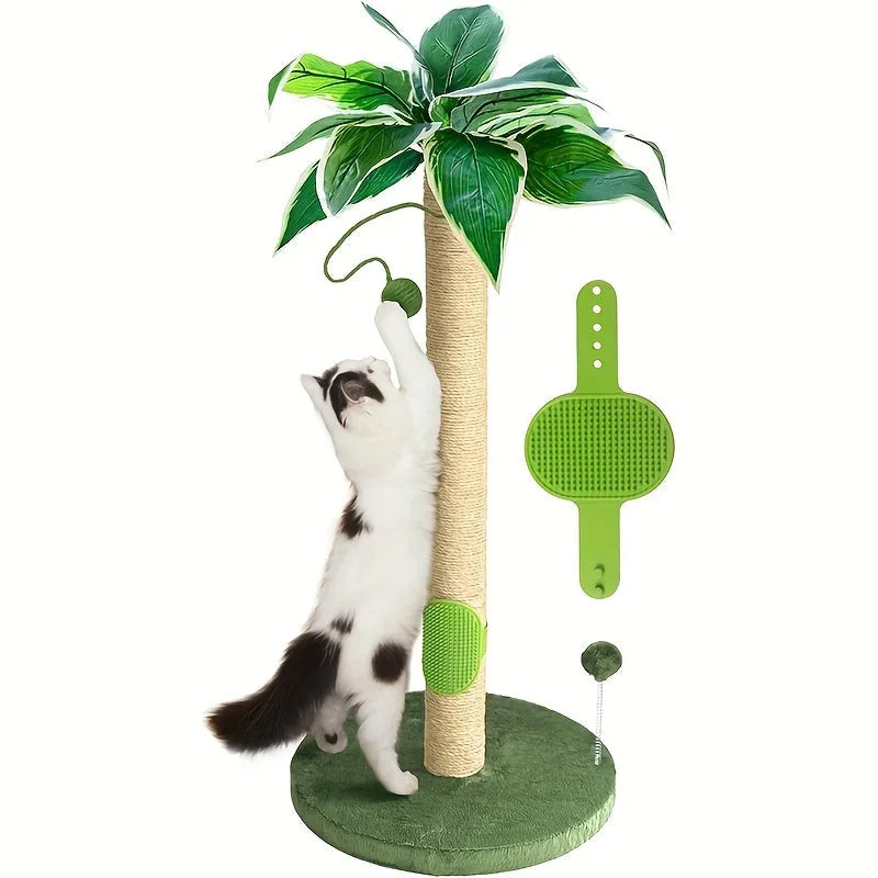 Playful cat enjoying a palm-tree-style scratching post, showcasing the additional self-grooming accessory that comes with cat scratchers and towers.